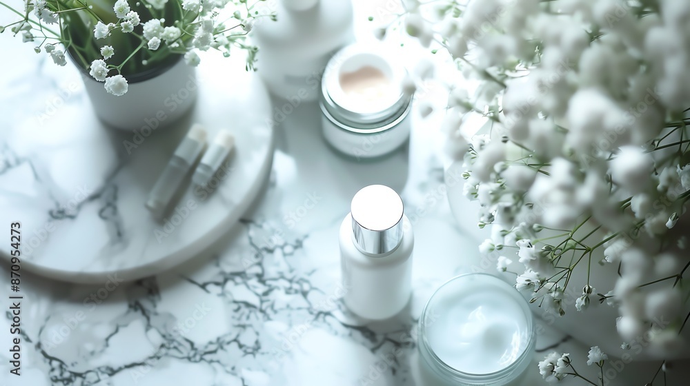 Luxurious skincare products with fresh flowers, focus on, beauty essentials, ethereal, overlay, marble countertop backdrop Luxurious skincare products with fresh flowers, focus on, beauty essentials, ethereal, overlay, marble countertop backdrop