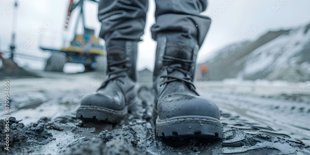 Closeup of workers boots in muddy terrain at an oil drilling site. Concept Oil Drilling, Workers' Boots, Closeup Photography, Muddy Terrain Closeup of workers boots in muddy terrain at an oil drilling site. Concept Oil Drilling, Workers' Boots, Closeup Photography, Muddy Terrain