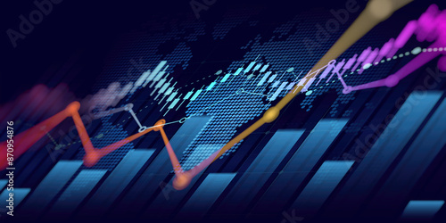 abstract financial chart with uptrend line graph and world map on blue color background