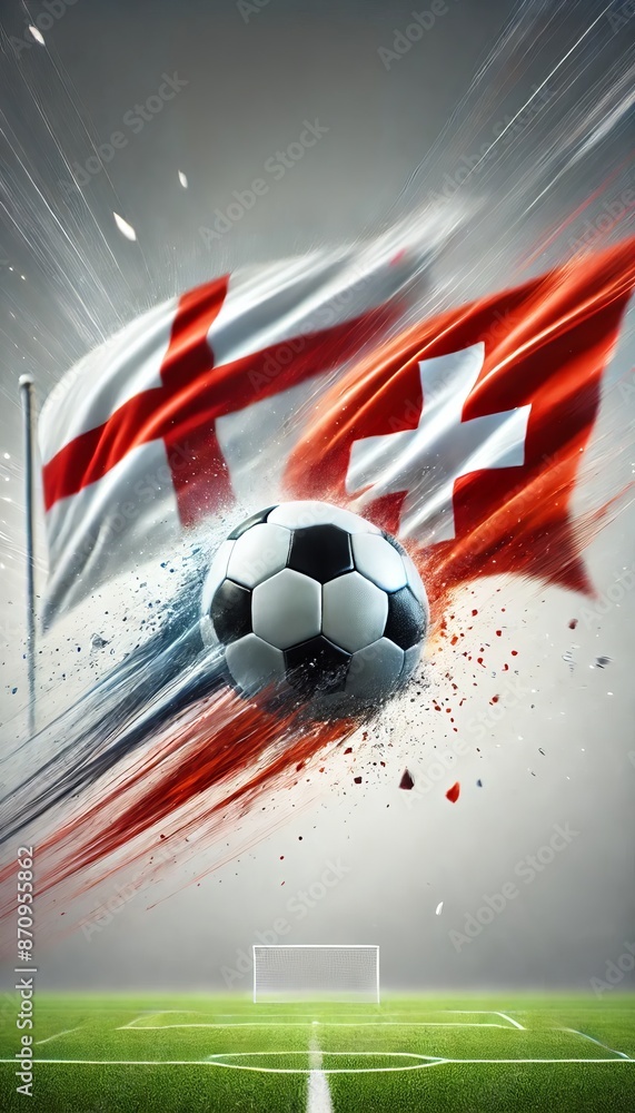 A dynamic soccer ball flies in the air with two separate flags in the background, one of England on the left and one of Switzerland on the right. The soccer ball is prominently in focus, with a motion A dynamic soccer ball flies in the air with two separate flags in the background, one of England on the left and one of Switzerland on the right. The soccer ball is prominently in focus, with a motion
