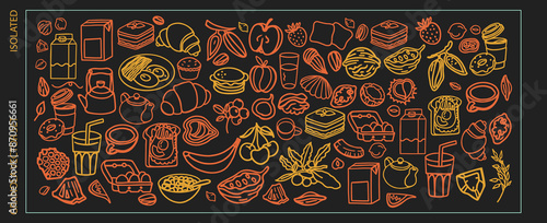 Breakfast hand drawn ingredients vector set. Crunches. Morning meal menu design. Collection of dishes for breakfast and brunch. Sketch. Fresh vegetables, cheese, scrambled eggs, bacon, coffee.