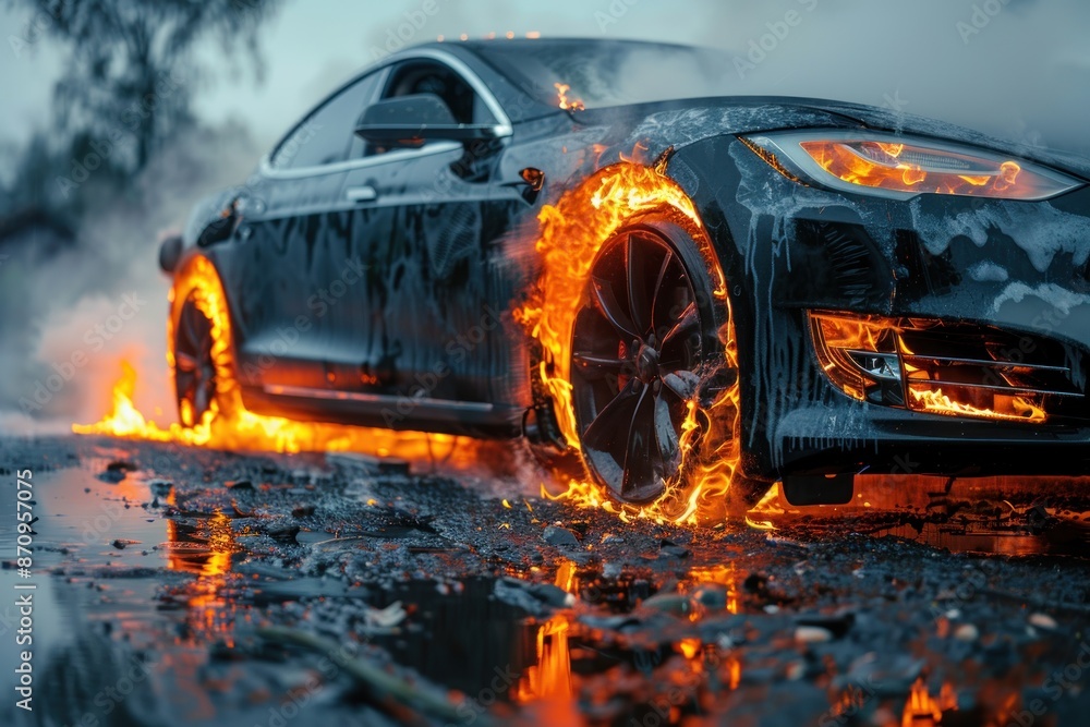 Fototapeta premium EV car fire while charging. Fire hazard from car. ai generative
