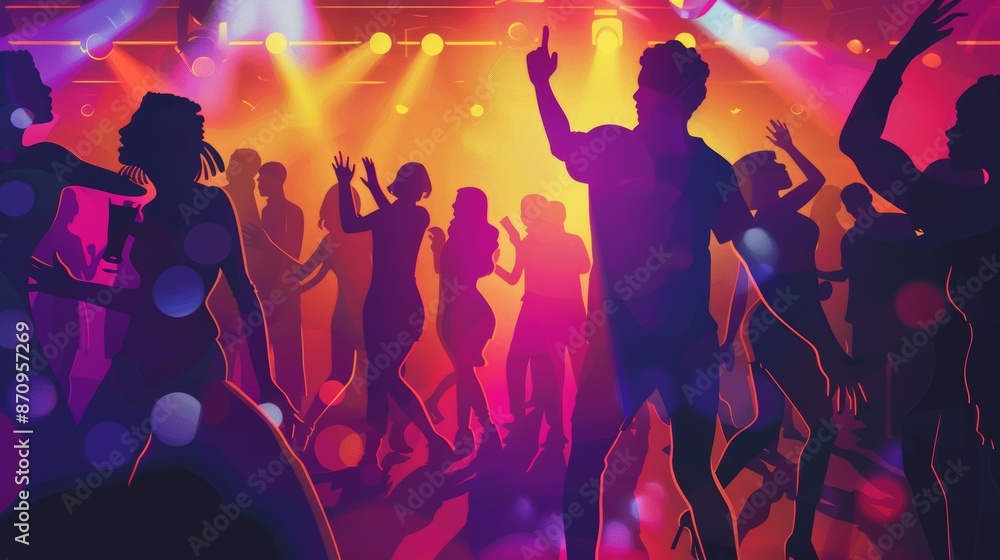 Energetic Nightclub Scene with Dancing Crowd and Vibrant Lights for Party Poster Design Energetic Nightclub Scene with Dancing Crowd and Vibrant Lights for Party Poster Design