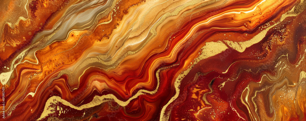 Obraz premium A mesmerizing pattern of liquid acrylic paint in shades of gold and red, creating a rich, flowing texture. The warm and metallic colors blend seamlessly, adding a touch of luxury.