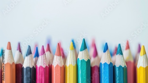 Close up image of colorful pencils against a white backdrop