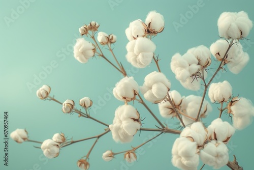 beautiful white fluffy cotton flowers on light teal background. ai generative
