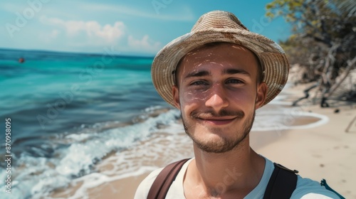 close-up shot of a good-looking male tourist. Enjoy free time outdoors near the sea on the beach. Looking at the camera while relaxing on a clear day Poses for travel selfies smiling happy tropical © pinkrabbit