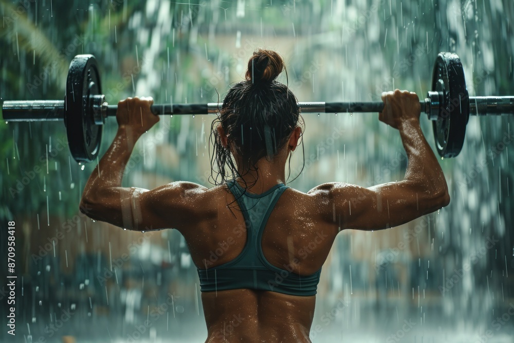 Fototapeta premium female bodybuilder doing exercise with weight bar in heavy rain. ai generative