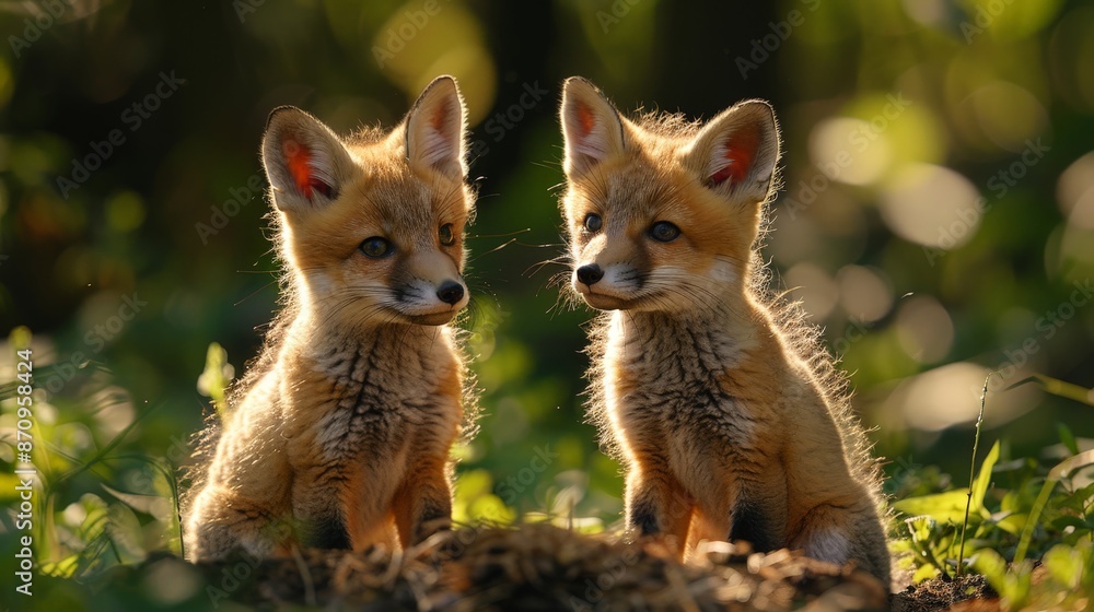 A pair of fox cubs playing near their den, with a forest background and warm, golden light, early morning A pair of fox cubs playing near their den, with a forest background and warm, golden light, early morning