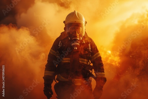 Firefighter in smoke. Brave Firefighter in Full Gear Facing Thick Smoke and Flames. ai generative © Anna