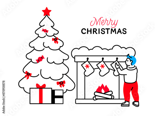 Merry christmas lettering and boy decorating fireplace with stockings