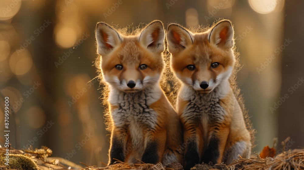 A pair of fox cubs playing near their den, with a forest background and warm, golden light, early morning A pair of fox cubs playing near their den, with a forest background and warm, golden light, early morning