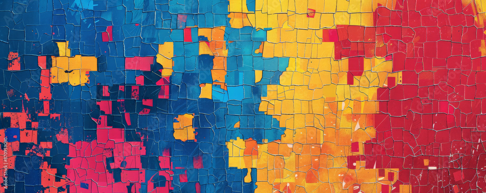 A mosaic pixel background with a combination of bright primary colors ...
