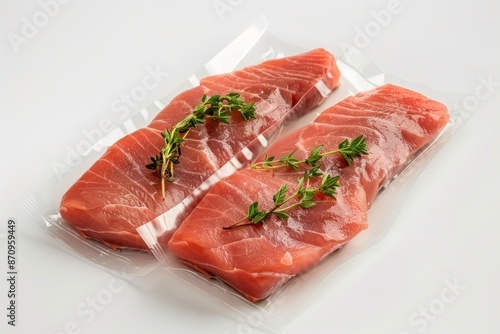 Fresh raw fish steak sealed in a vacuum pack Isolated on white background. ai generative