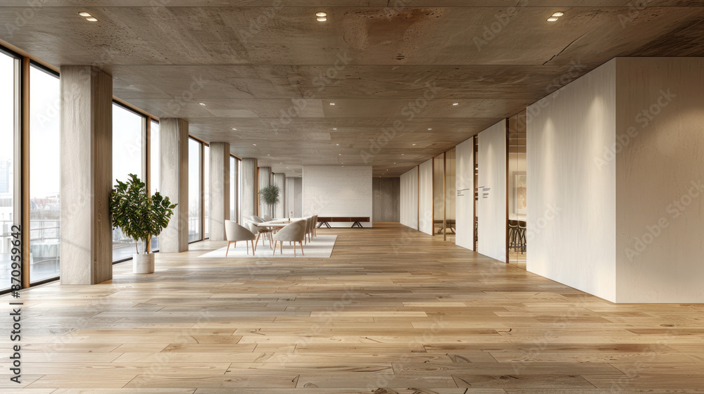 Modern, minimalist office interior with large windows and wooden floor, ideal for coworking or open space concept. Modern, minimalist office interior with large windows and wooden floor, ideal for coworking or open space concept.