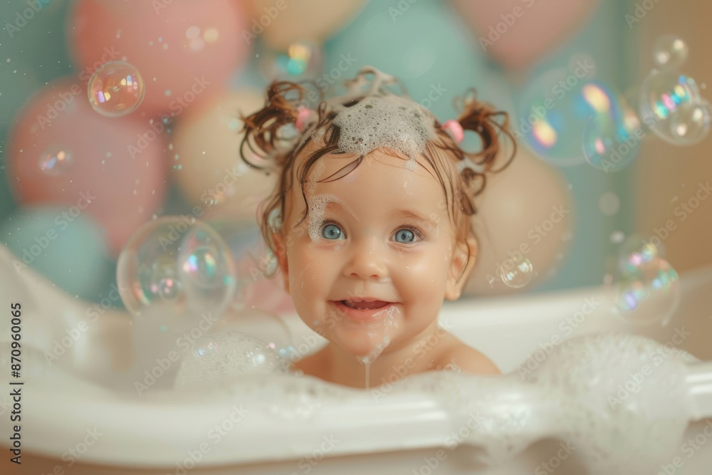 funny little baby in bath with foam and bubbles. ai generative