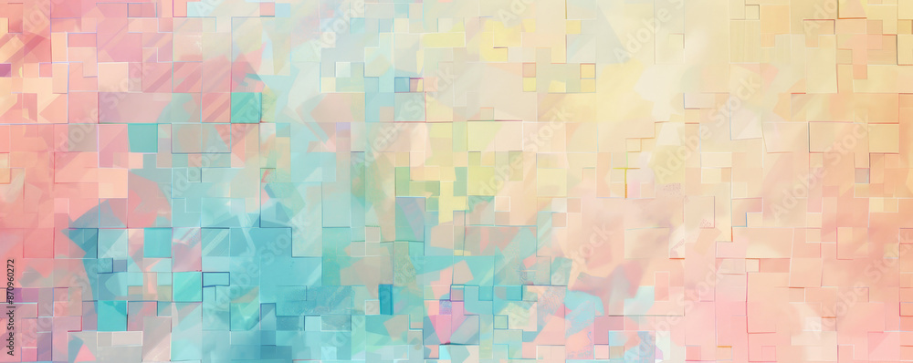 Fototapeta premium A mosaic pixel background with soft pastel colors like pink, blue, and yellow. The gentle hues and pixel arrangement create a soothing and cheerful design.