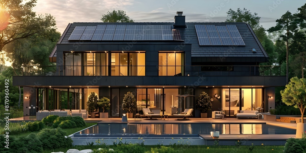 Contemporary black house with solar panels large windows terrace garden and pool. Concept Contemporary Architecture, Black House Design, Solar Panels, Large Windows, Terrace Garden, Pool Contemporary black house with solar panels large windows terrace garden and pool. Concept Contemporary Architecture, Black House Design, Solar Panels, Large Windows, Terrace Garden, Pool