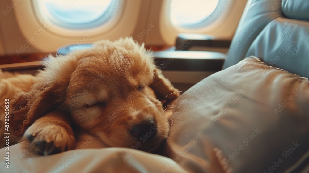 Adorable Fluffy Puppy Resting on Passenger's Lap Inside Airplane Cabin with Sky View Background Adorable Fluffy Puppy Resting on Passenger's Lap Inside Airplane Cabin with Sky View Background