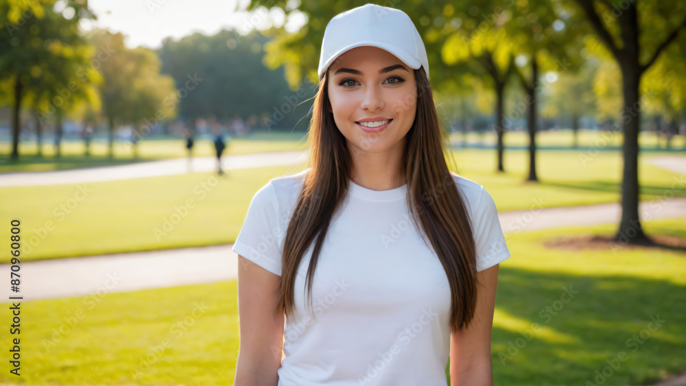 Young woman wearing white t-shirt and white baseball cap standing in the park Young woman wearing white t-shirt and white baseball cap standing in the park
