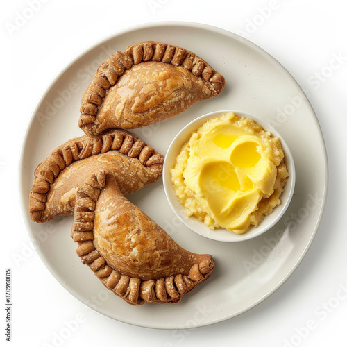 A plate of Finnish karjalanpiirakka, rye crust pastries filled with rice porridge, served with egg butter, isolated on white background. photo