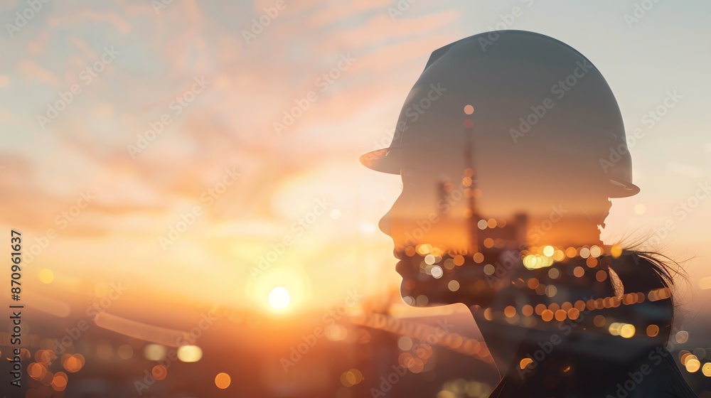 Obraz premium Silhouette of a construction worker with a sunset backdrop, embodying progress, hard work, and industrial development.