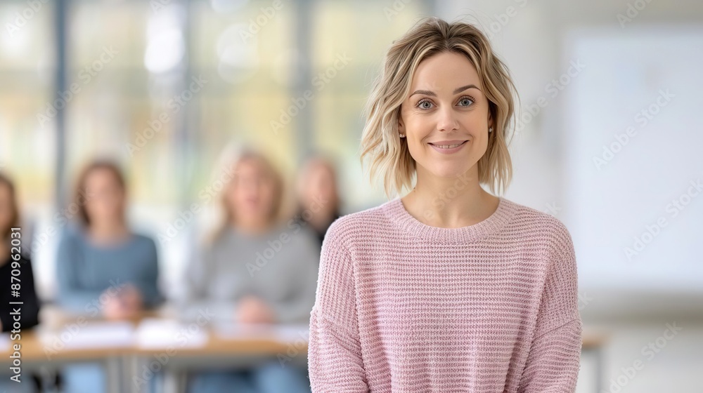 Fototapeta premium Confident woman smiling in a pink sweater with a group of women sitting in the background