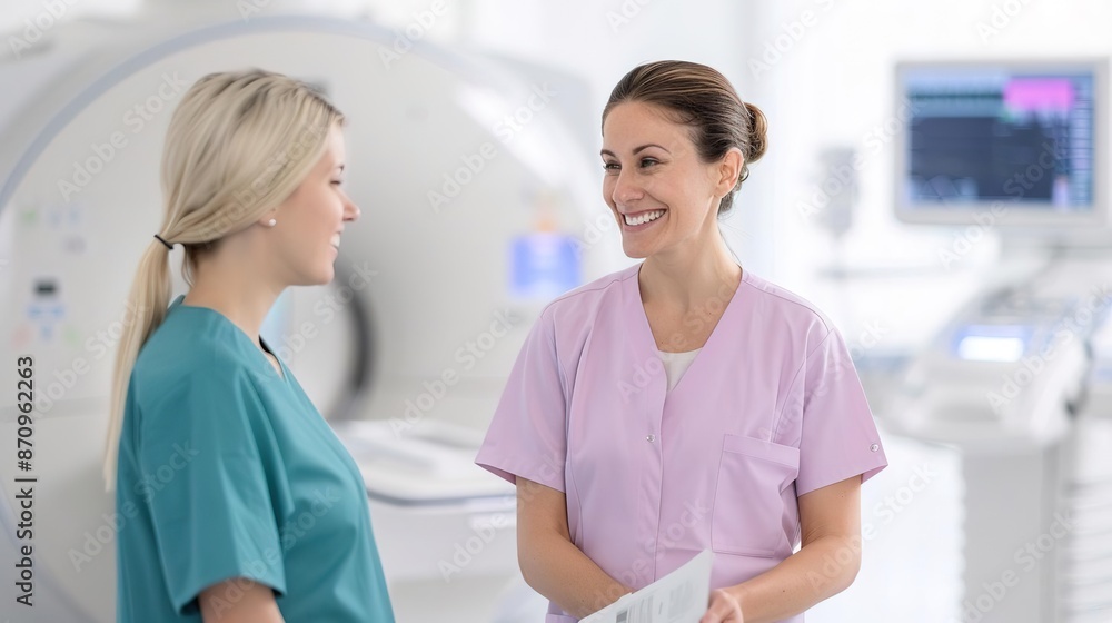 Two female nurses smiling and talking in a hospital setting. Two female nurses smiling and talking in a hospital setting.