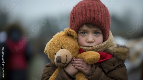 A lone refugee child holding a teddy bear, symbolizing the innocence and vulnerability of young migrants © Mars0hod