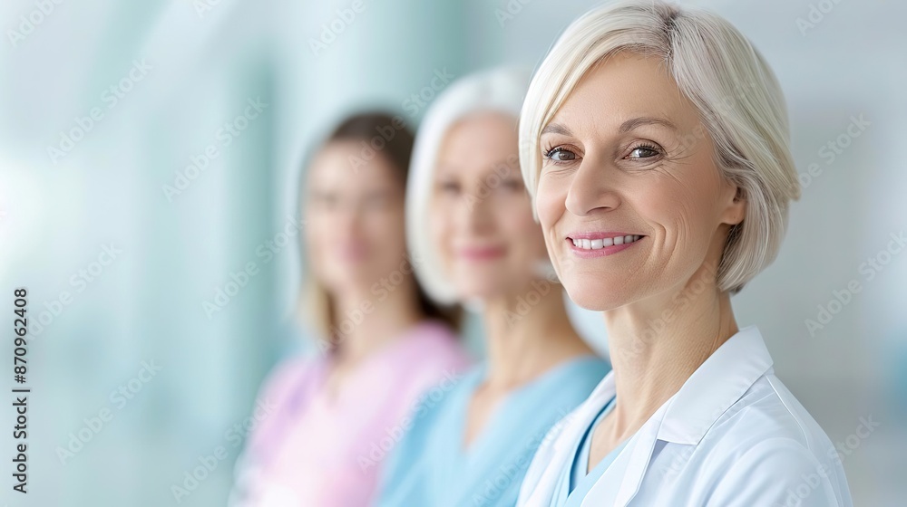 Smiling female surgeon in scrubs and surgical cap looks at camera with colleagues in background. Smiling female surgeon in scrubs and surgical cap looks at camera with colleagues in background.
