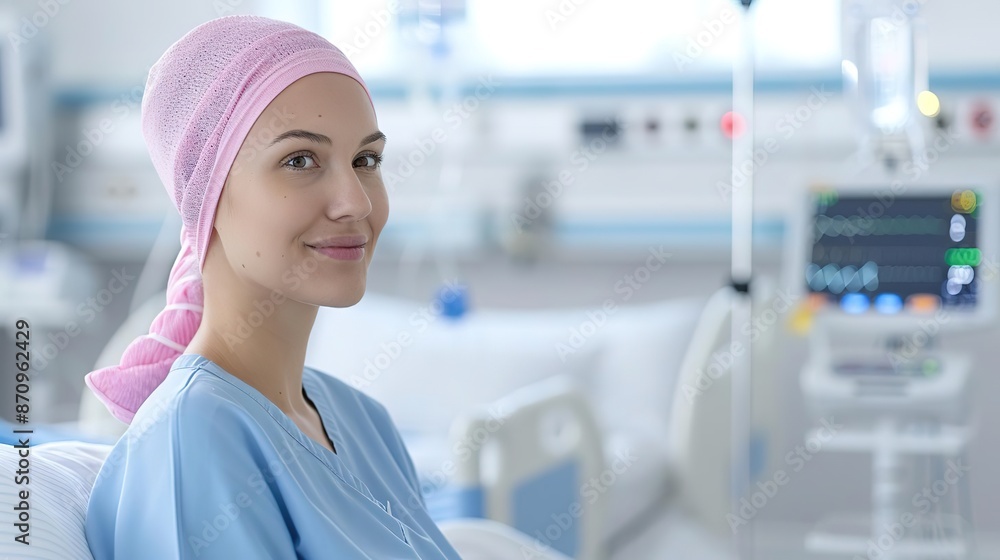 Fototapeta premium Smiling woman in a hospital bed wearing a pink headscarf