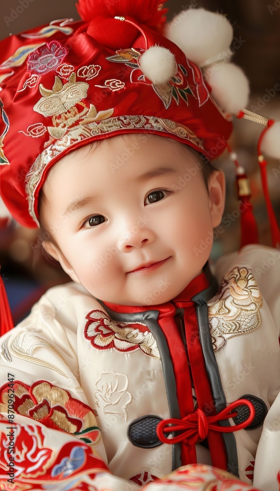 Close up realistic photo of a joyful chinese baby celebrating with excitement and happiness