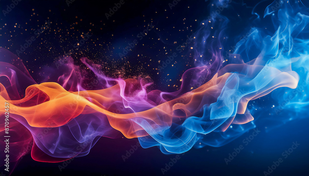 Fototapeta premium Neon colored smoke flying in outer space, with small flying particles of light, on a black background, with empty place for inscription