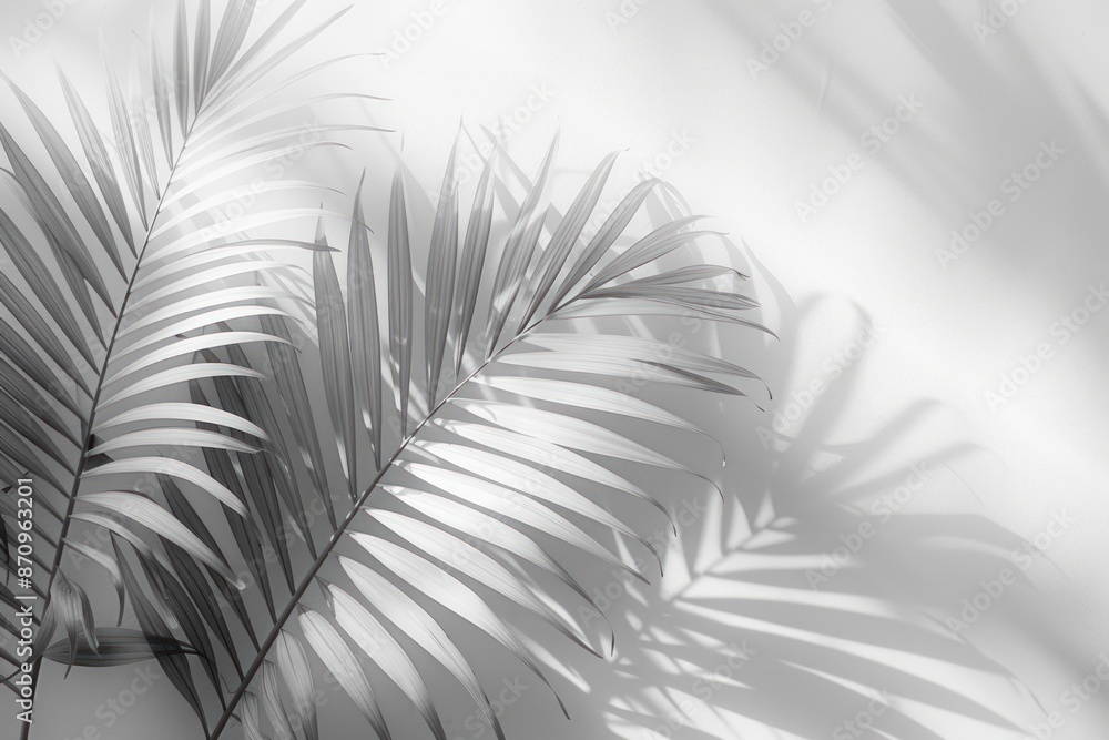 Fototapeta premium Grey shadow of natural palm leaf abstract background. ai generative