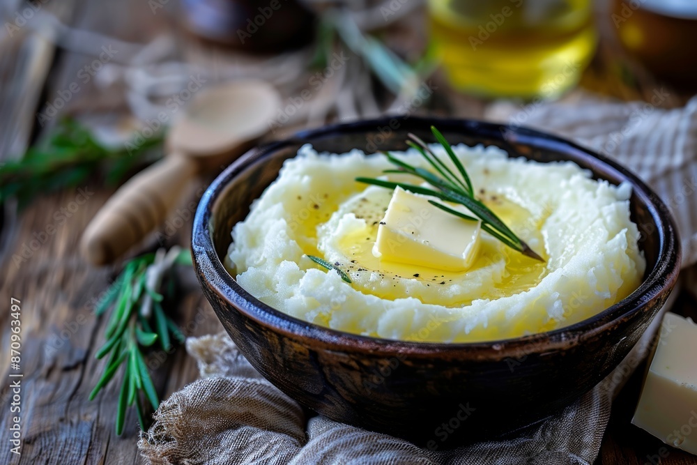 Rustic Bowl of Creamy Mashed Potatoes with Melting Butter in Vintage Kitchen Setting Rustic Bowl of Creamy Mashed Potatoes with Melting Butter in Vintage Kitchen Setting