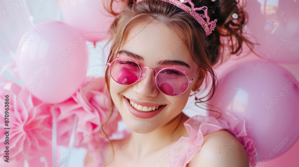 Young woman in pink sunglasses with balloons. Young woman in pink sunglasses with balloons.