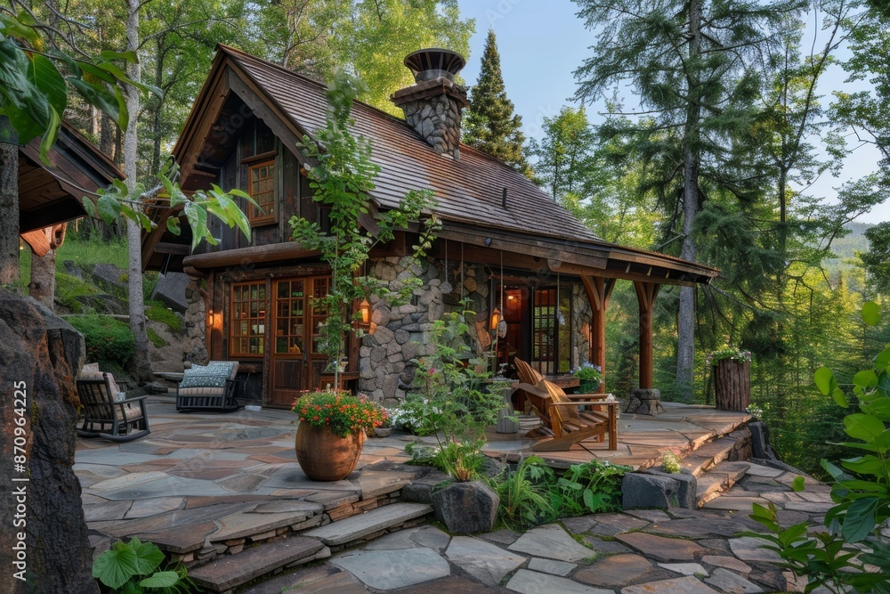 Obraz premium Cozy Mountain Cabin Porch in Autumn, Surrounded by Trees and Nature - Ideal for Home Decor or Autumn-Themed Projects