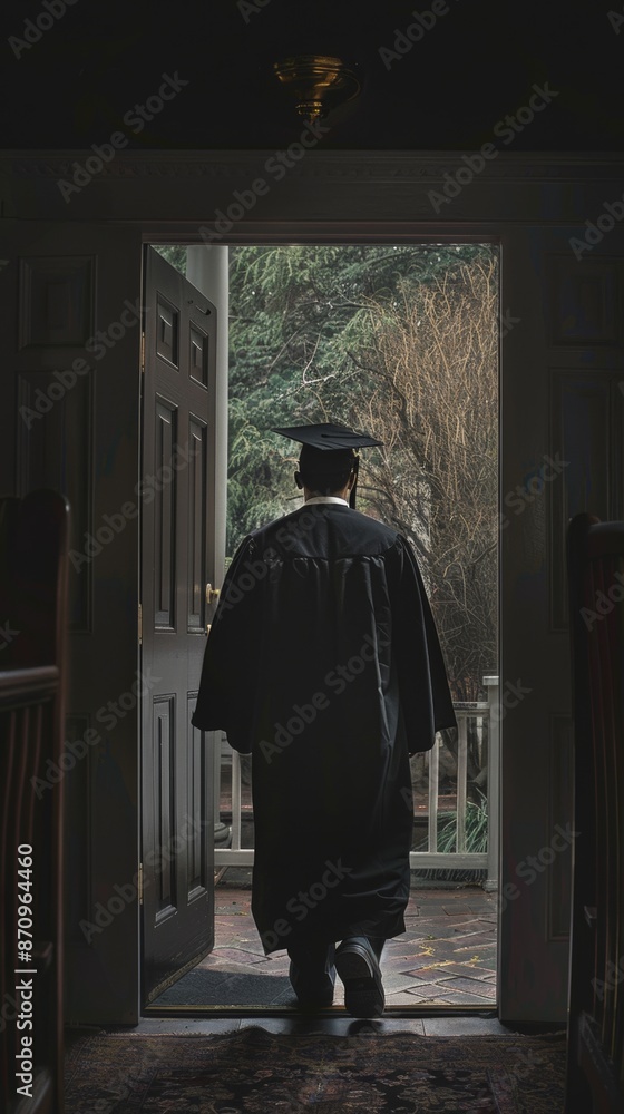 Fototapeta premium Graduation student stepping out of door, back view. Achievement and new beginnings concept