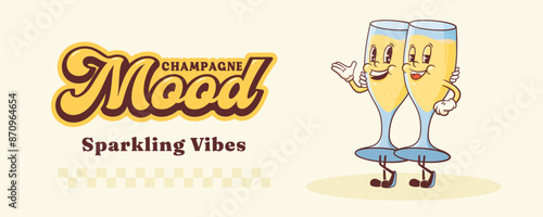 Groovy Champagne Glass Retro Characters Banner. Cartoon Wine Party Walking and Smiling. Vector Celebration Beverage Mascot Template. Happy Vintage Cool Prosecco Illustration Isolated