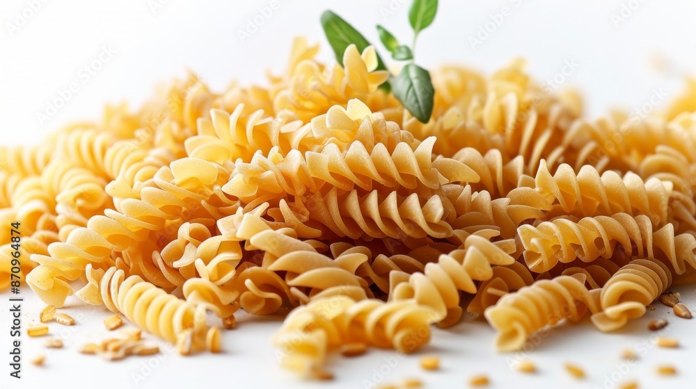 Heap of uncooked fusilli pasta with basil on white background Heap of uncooked fusilli pasta with basil on white background