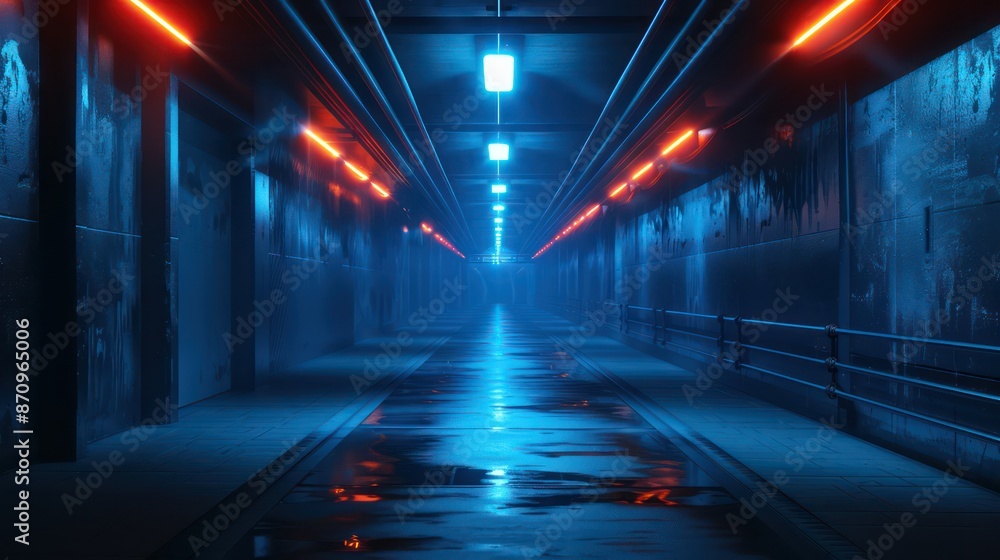 Moody futuristic neon-lit underground tunnel with reflections Moody futuristic neon-lit underground tunnel with reflections