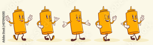 Groovy Hotdog Mustard Retro Character Illustrations Set. Cartoon Bottle Walking Smiling Vector Food Mascot Templates. Happy Vintage Cool Fast Food Rubber Hose Style Drawing Isolated