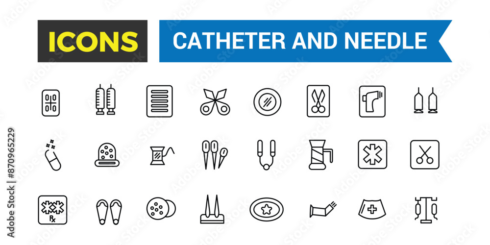 Catheter and Needle icons set. Outline icons pack. Editable vector line icon set and illustration for web and UI application. Catheter and Needle icons set. Outline icons pack. Editable vector line icon set and illustration for web and UI application.