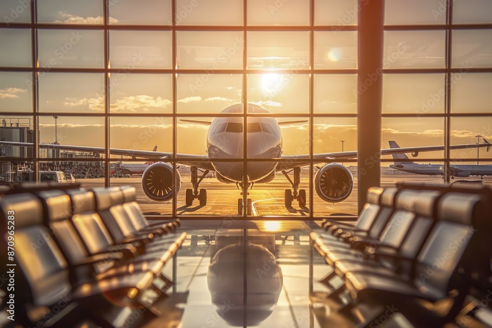 Photo of an airport departure lounge with a plane in the background outside, visible through the huge terminal window. Travel and tourism concept. Photo of an airport departure lounge with a plane in the background outside, visible through the huge terminal window. Travel and tourism concept.