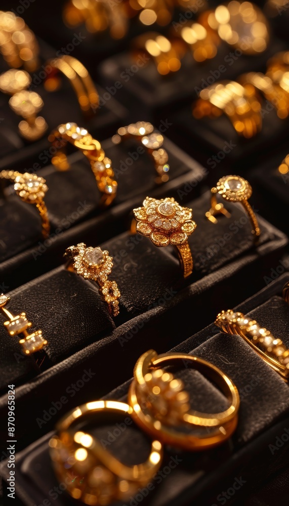 Captivating image of gleaming golden rings displayed at an upscale jewelry boutique Captivating image of gleaming golden rings displayed at an upscale jewelry boutique