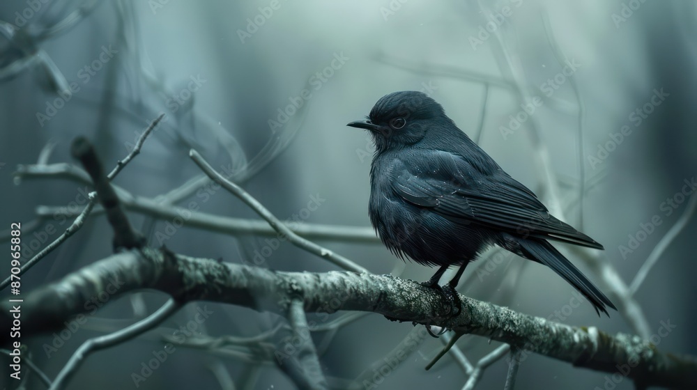 Black bird perched on a branch in a foggy forest, serene and still. Black bird perched on a branch in a foggy forest, serene and still.