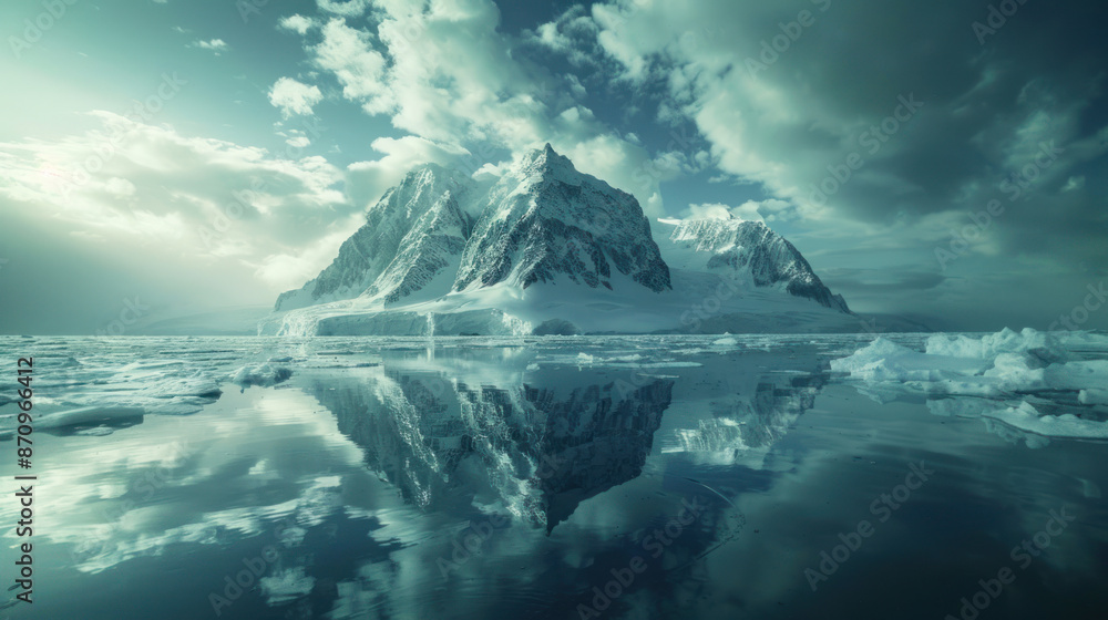Snow-covered mountain reflected in calm Arctic waters, under a partly cloudy sky, highlighting the majestic and serene landscape. Snow-covered mountain reflected in calm Arctic waters, under a partly cloudy sky, highlighting the majestic and serene landscape.