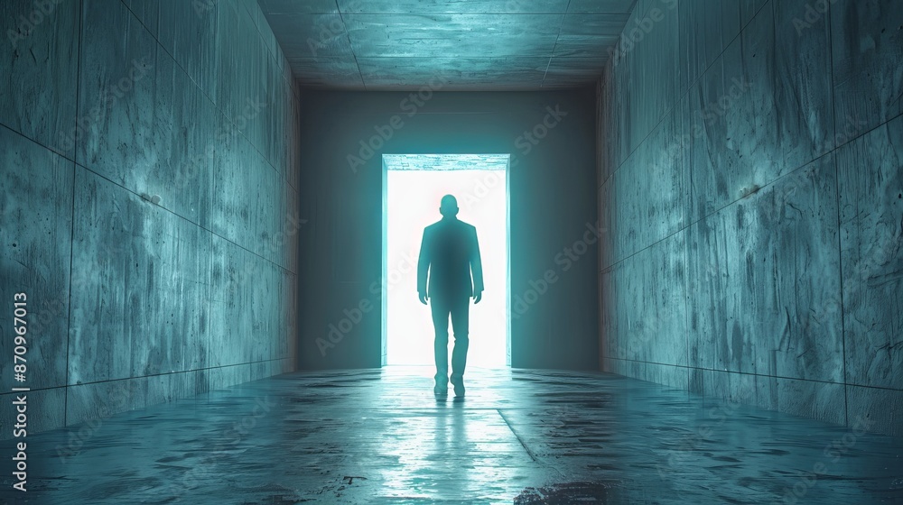 A man walks through a dark tunnel with a light shining through the doorway A man walks through a dark tunnel with a light shining through the doorway