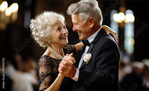 Obraz na płótnie Elderly Couple Dancing at Elegant Event in Formal Attire, Smiling Joyfully w salonie