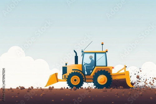 Illustration of a yellow bulldozer moving soil at a construction site with a clear blue sky and clouds in the background.
